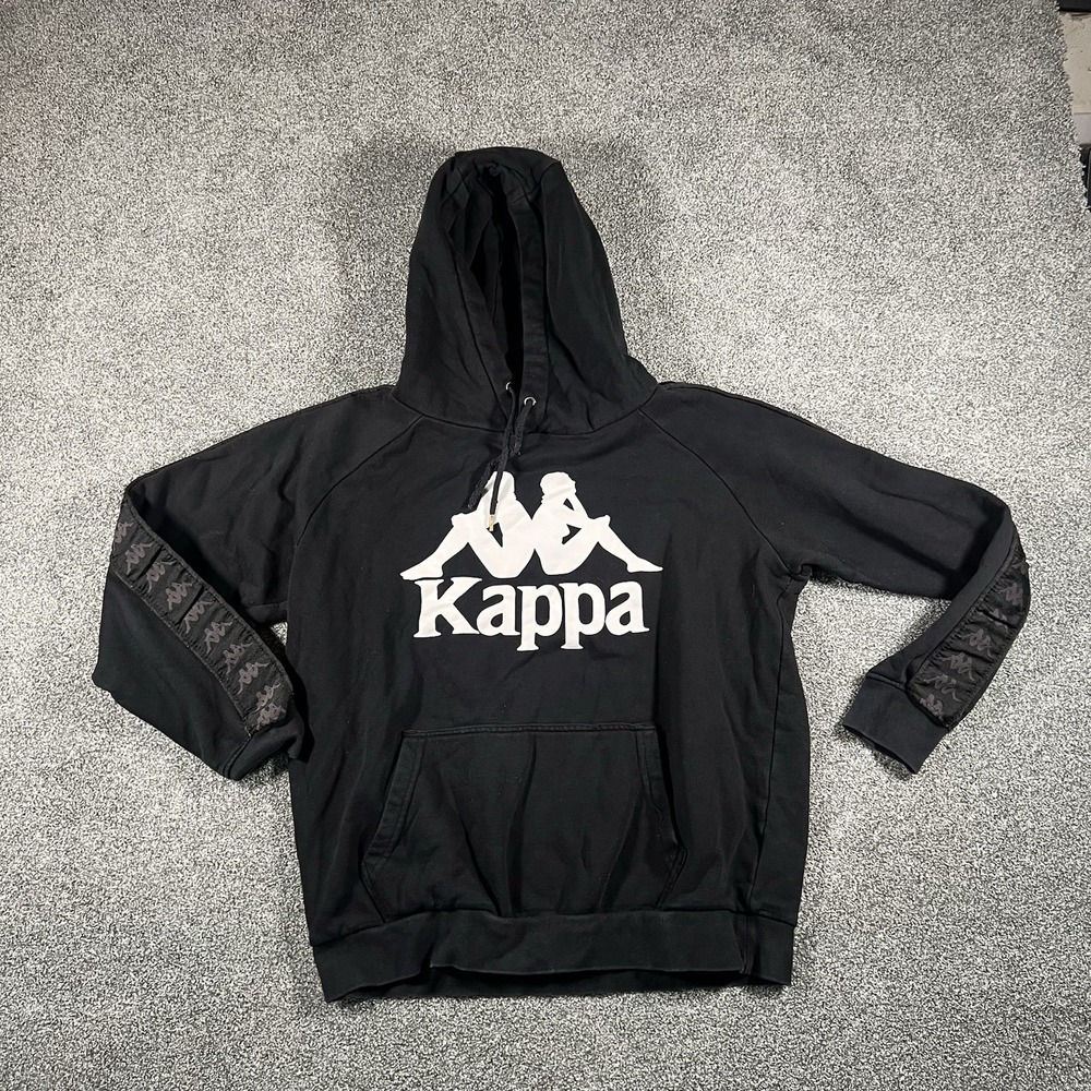 Kappa Men's Pullover Hoodie Black Big Logo Tape Sleeve Sweatshirt Medium